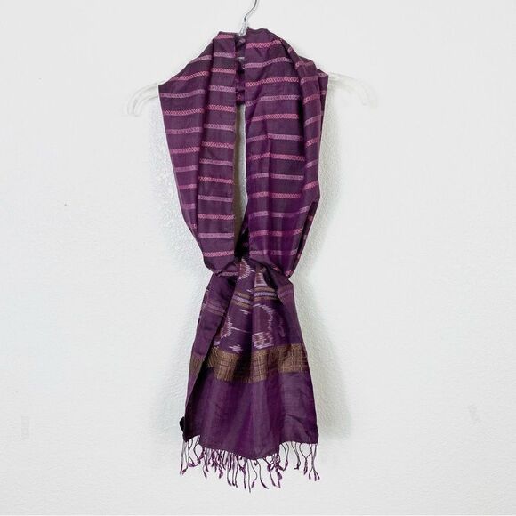 Island Mountain Thai Silk Purple Striped Elephant Print Fringe Scarf - Picture 1 of 5